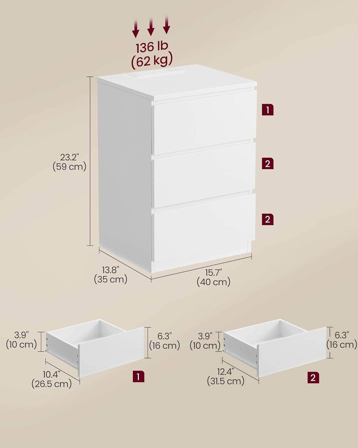 Modern Bedside Table with Charging Station, 3 Drawers, USB & AC Ports, White