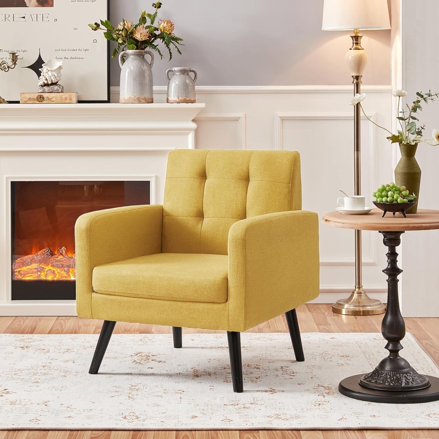 2x Yellow Accent Armchairs | Mid Century Tufted Lounge Chairs Set