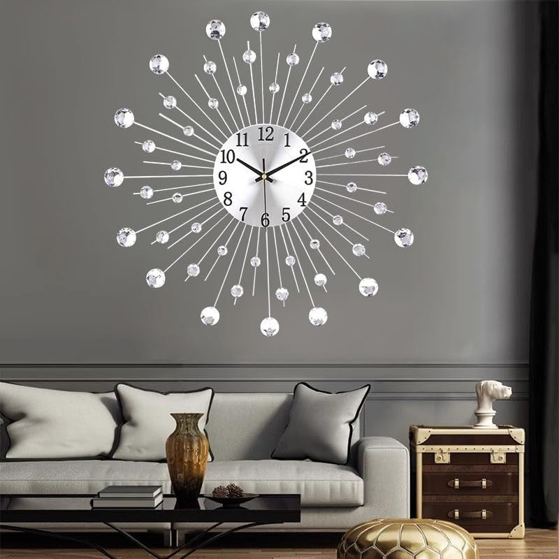 Modern Crystal Sunburst Wall Clock 50cm – Large Silent Luxury Metal Decor