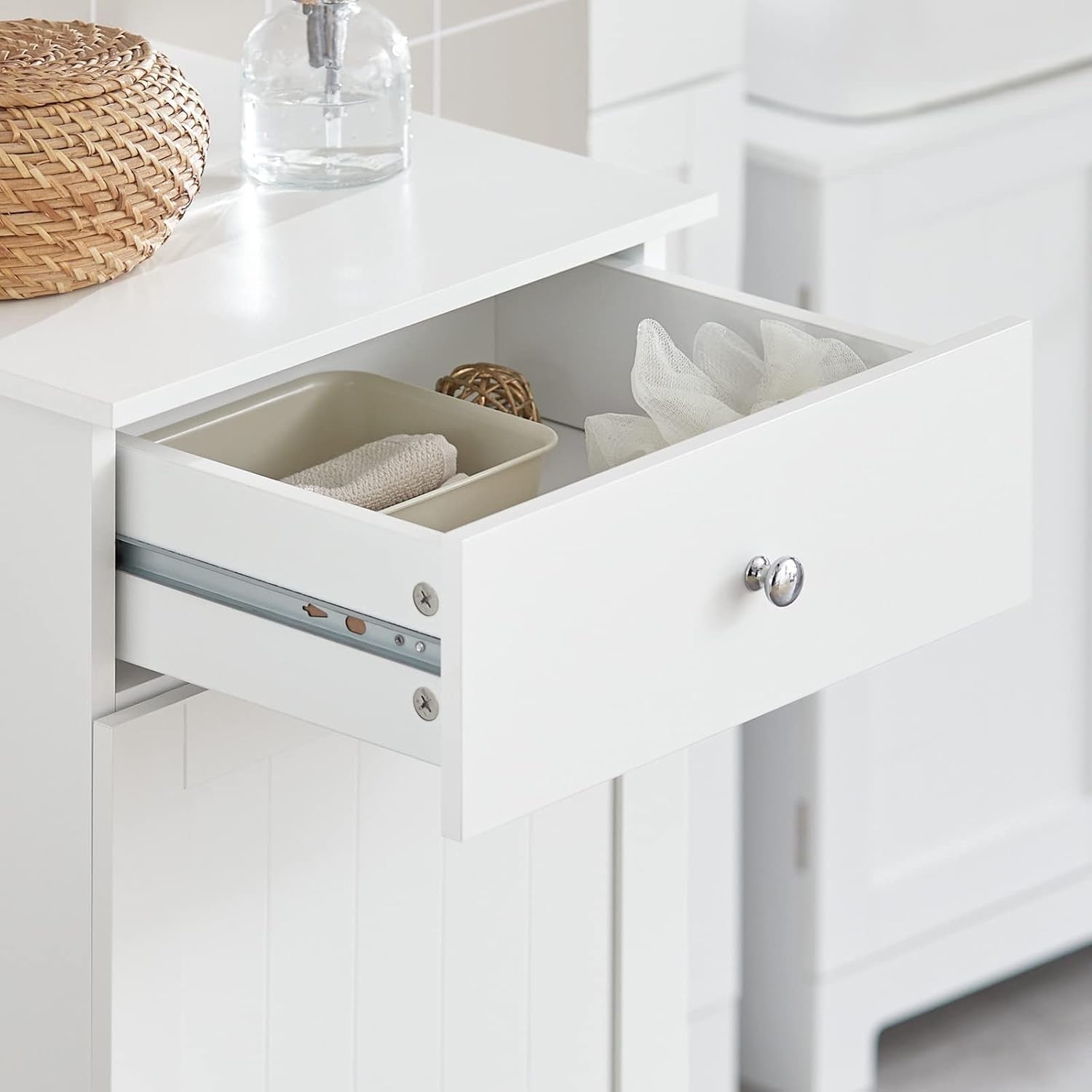 Slim White Bathroom Laundry Cabinet with Tilt Hamper & Drawer 40x90cm Modern