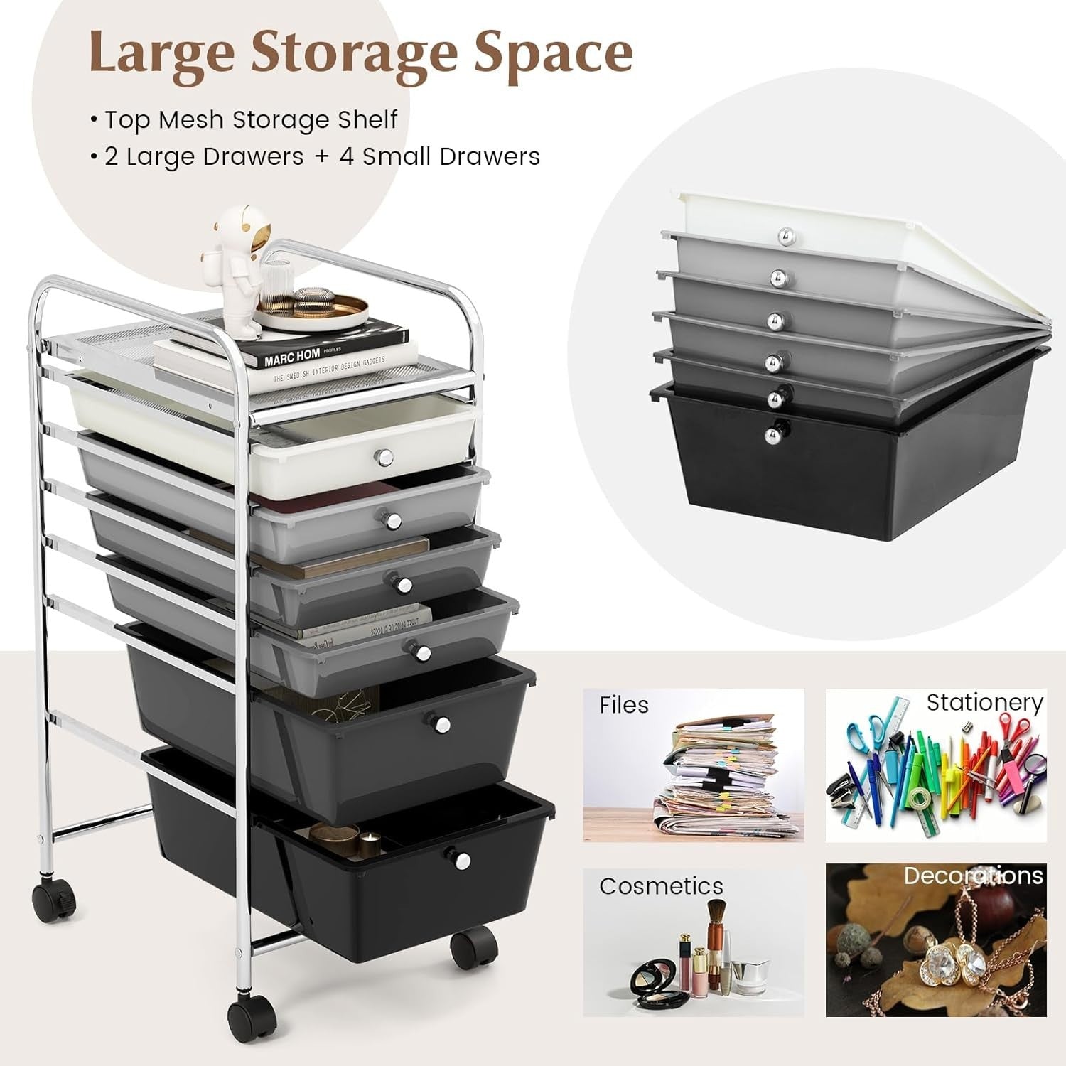 6 Drawer Rolling Storage Cart Utility Trolley Organizer Lockable Wheels
