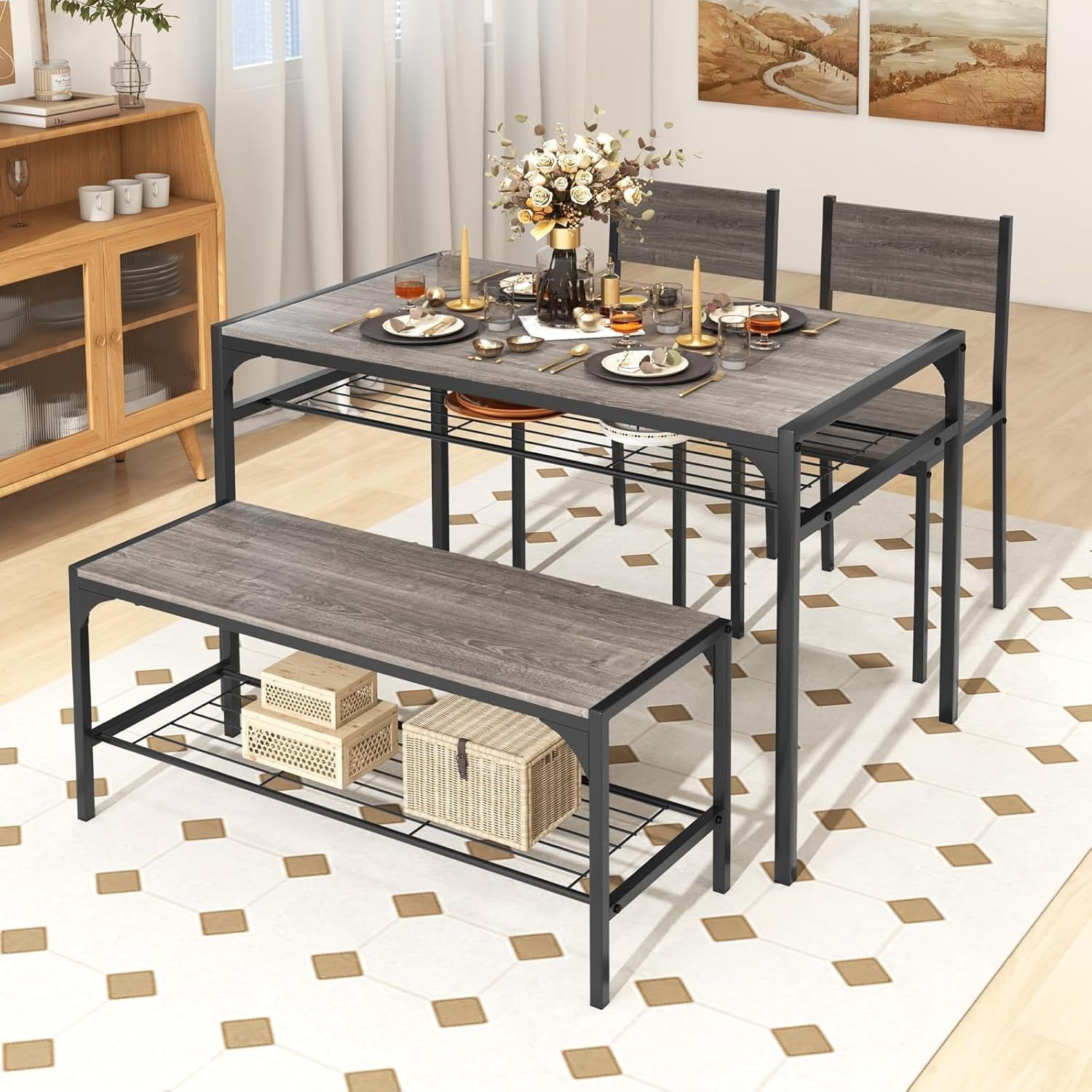 4 Seater Dining Table Bench Set w/ Storage Racks Grey Oak Metal Frame