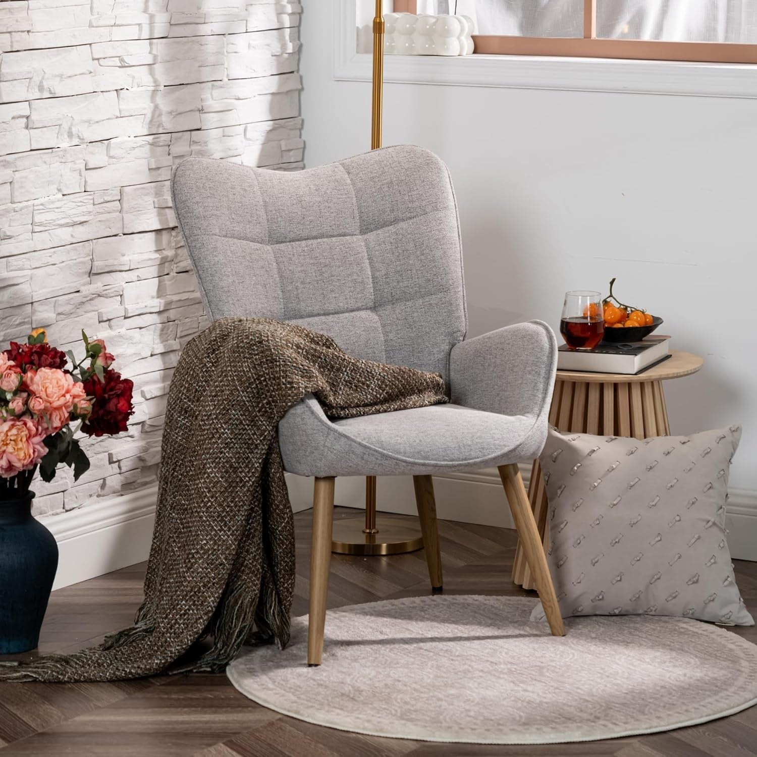 Grey Fabric Wingback Armchair Wood Legs Lounge Reading Room Chair