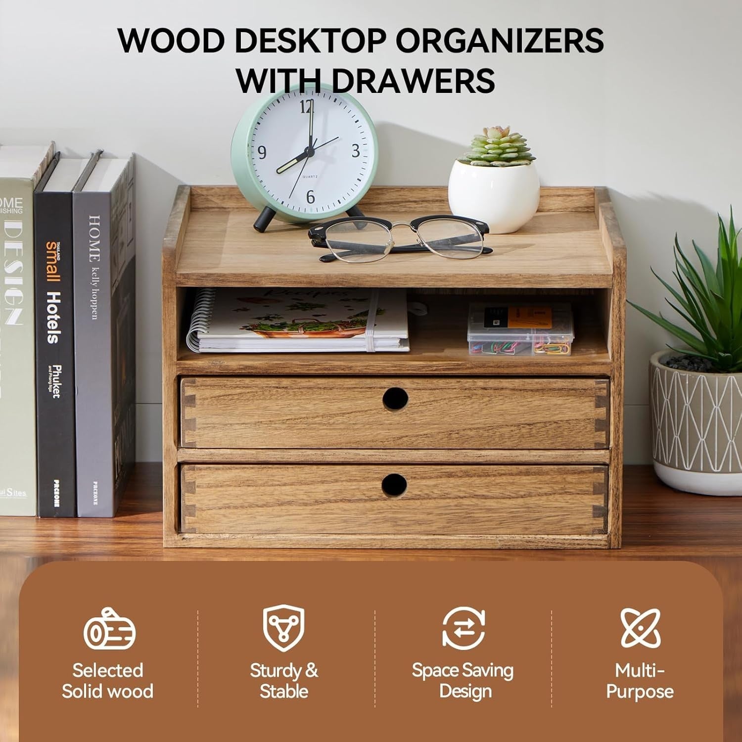 Wood Desktop Organizer with Drawers & Shelves | Home Office Storage Box