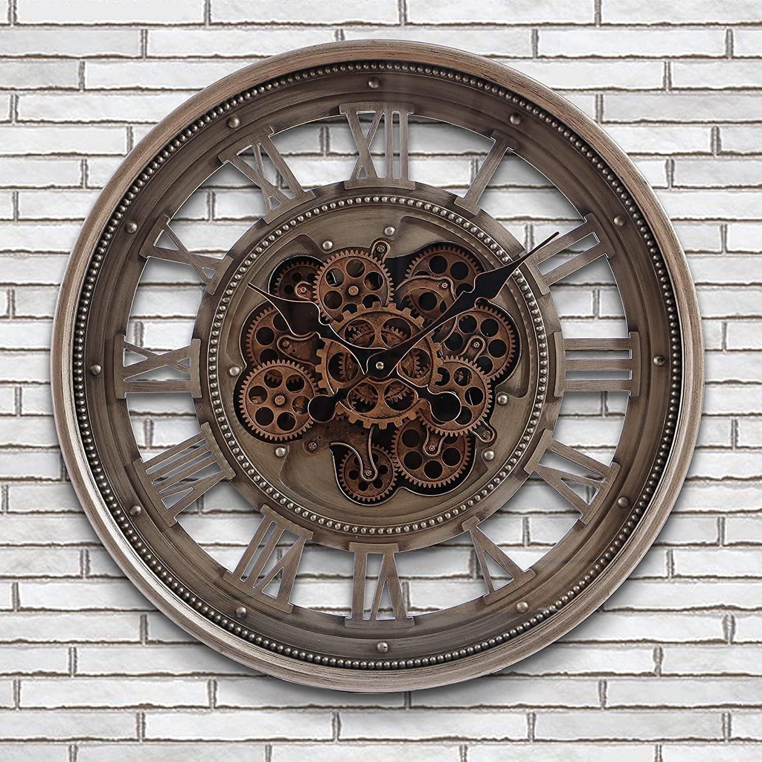 60cm Bronze Wall Clock Industrial Moving Gears Roman Numerals Vintage