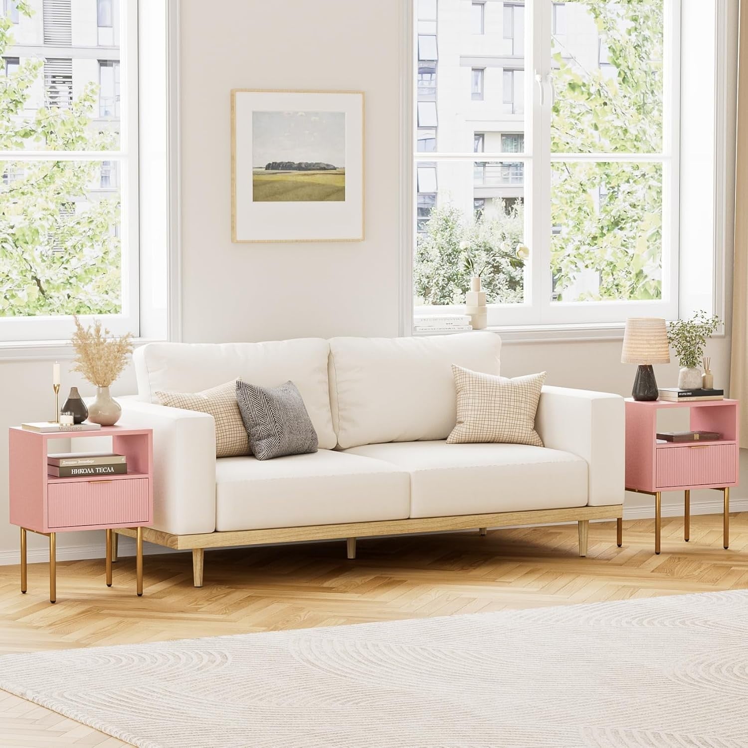 Modern Pink Bedside Table with Drawer & Open Shelf