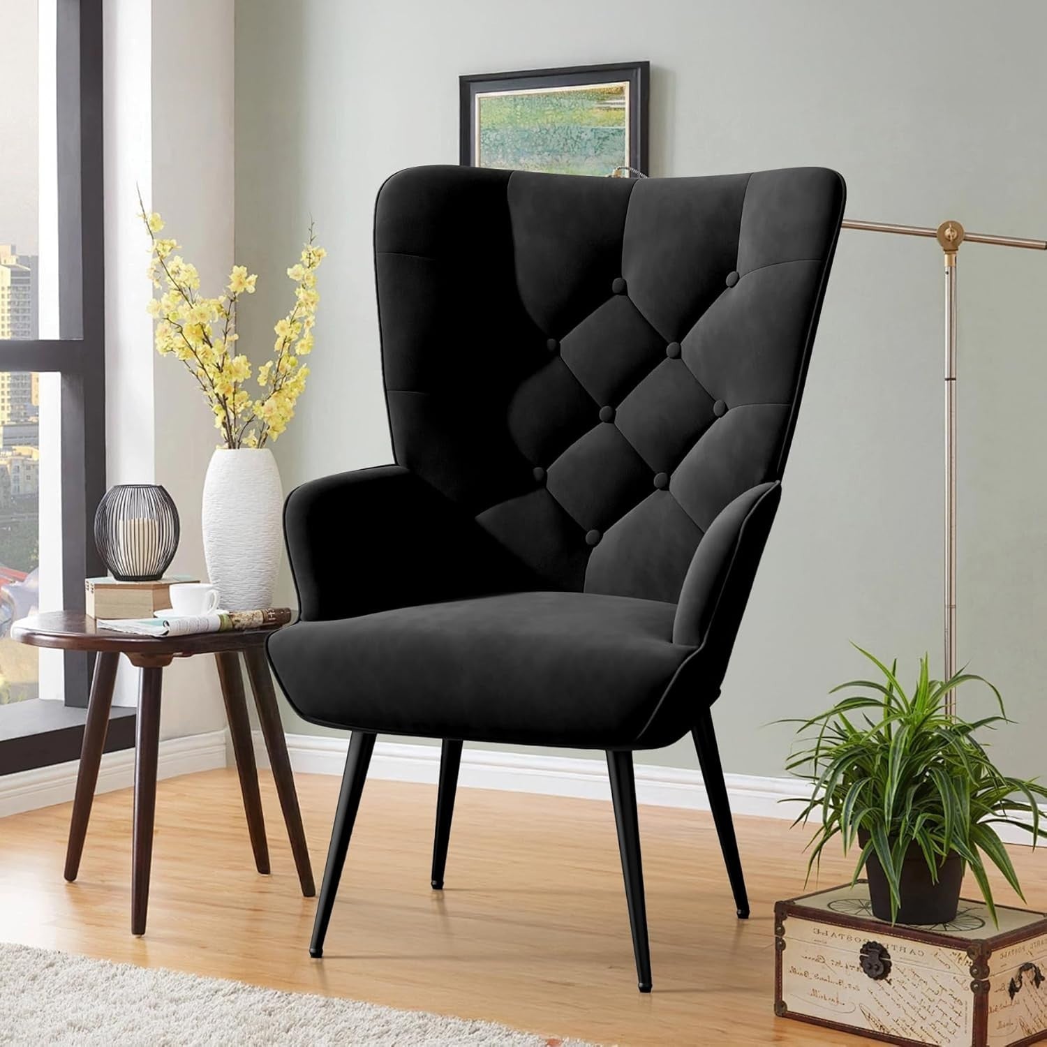 Black Velvet Wingback Armchair Gold Legs Comfy Lounge Chair Bedroom