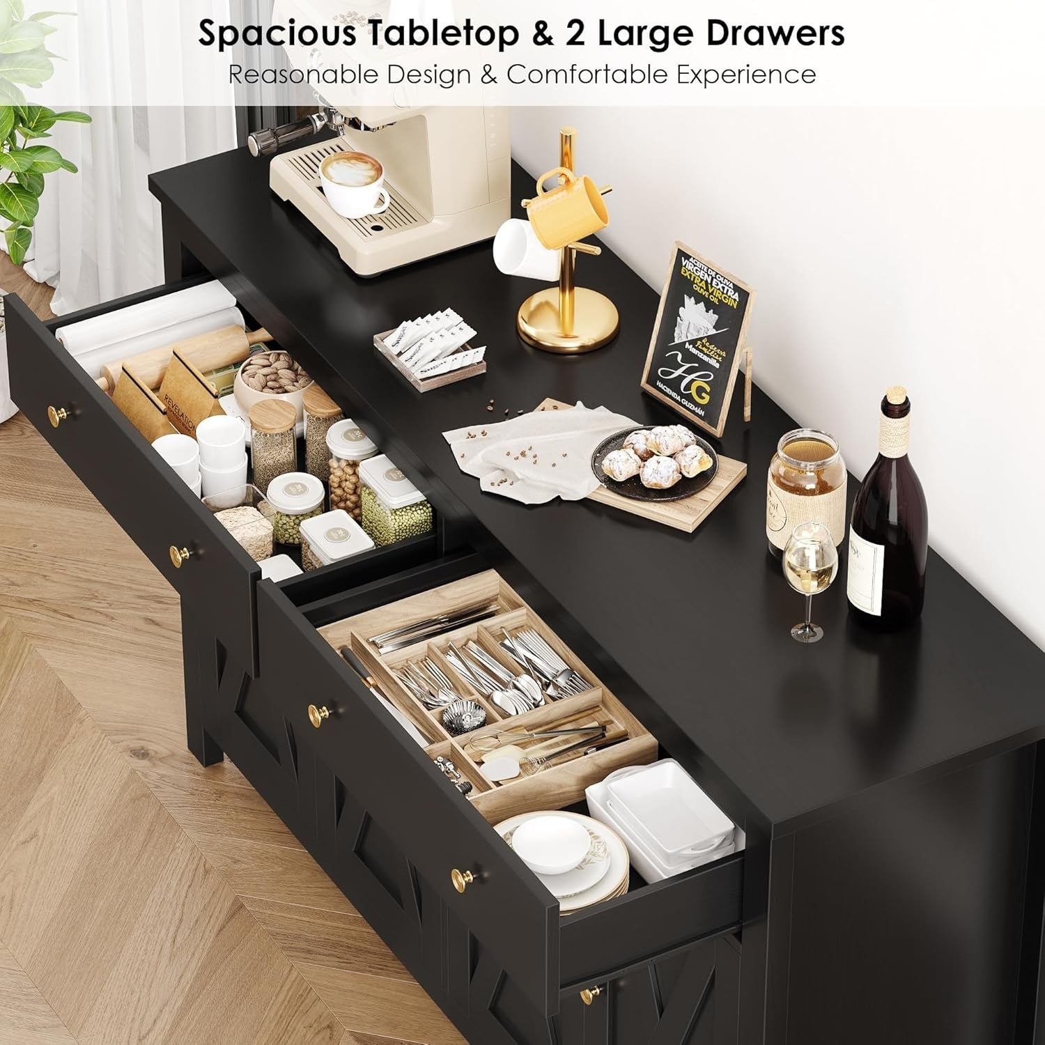 Black  Kitchen Sideboard Cabinet 3 Doors 2 Drawers Adjustable Shelves Large