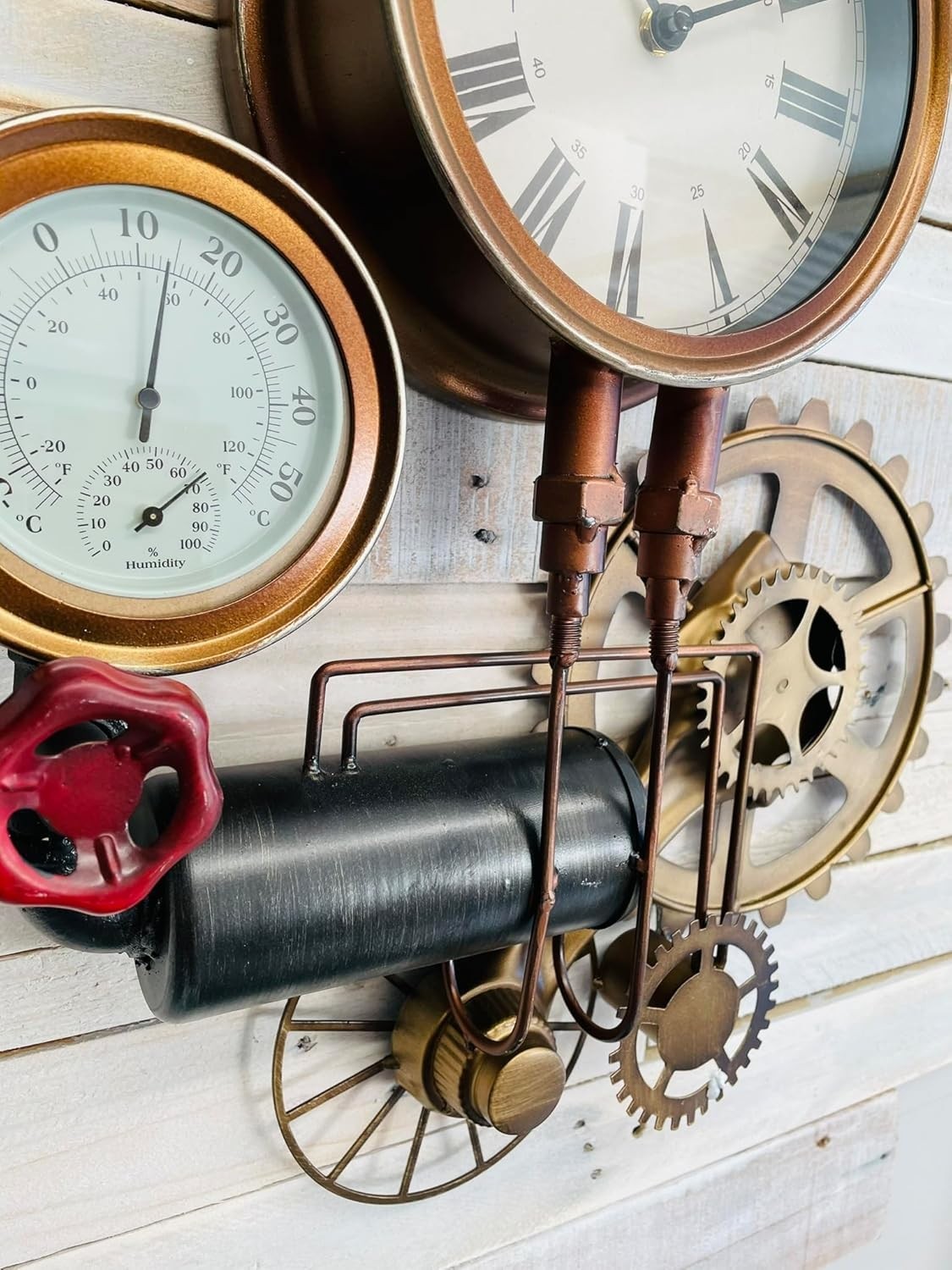 Steampunk Pipe Gear Wall Clock Industrial Gold Retro Temp Display 58x48cm