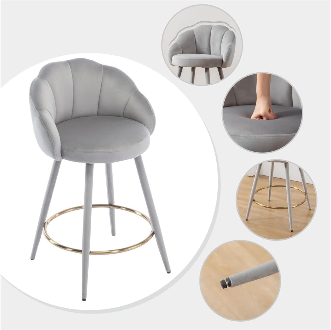 Gray Velvet Bar Stools Set of 2 Modern Kitchen Counter Breakfast Chairs