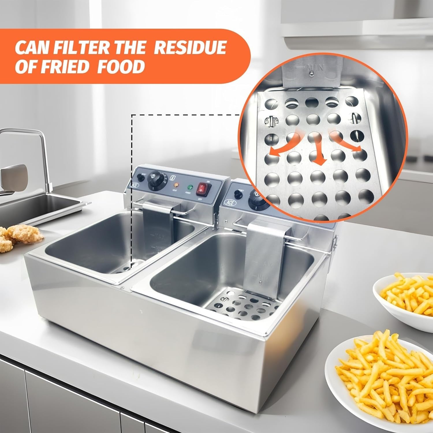 34L Double Deep Fat Fryer 6000W Commercial Dual Tank Stainless Steel