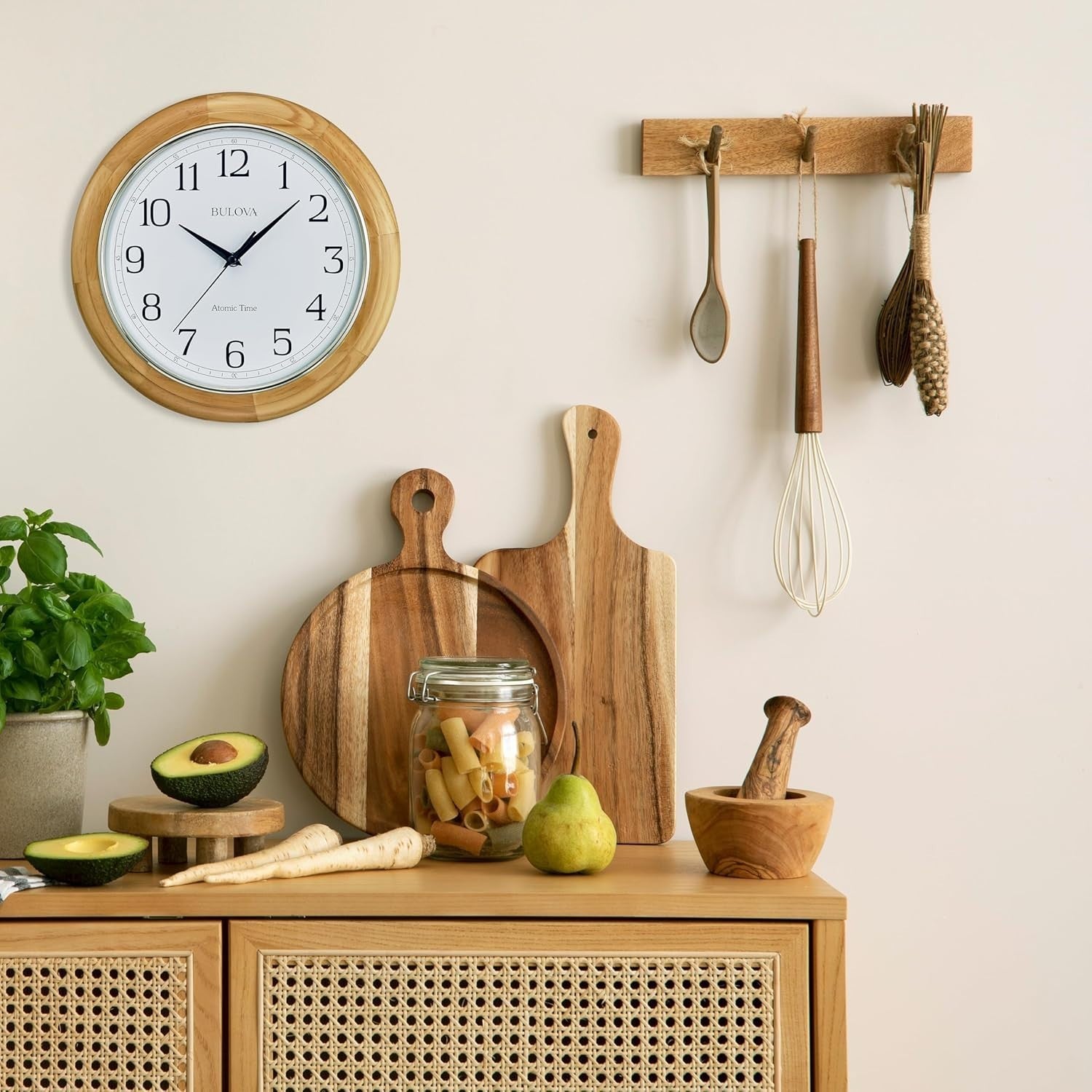 Atomic Analog Wall Clock Quartz Battery Operated Auto Time Set Natural Wood