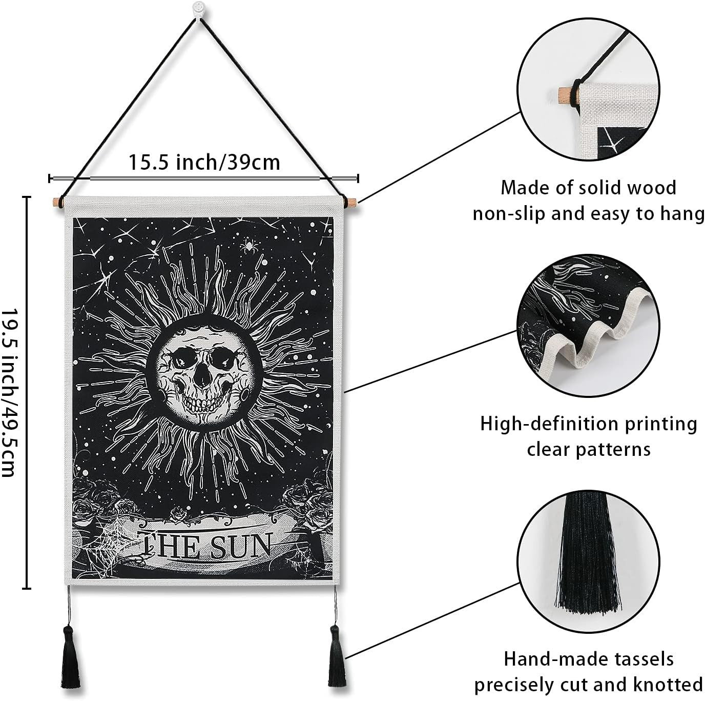 Pack of 2 Moon & Sun Skull Tapestries Boho Wall Decor Dark/White