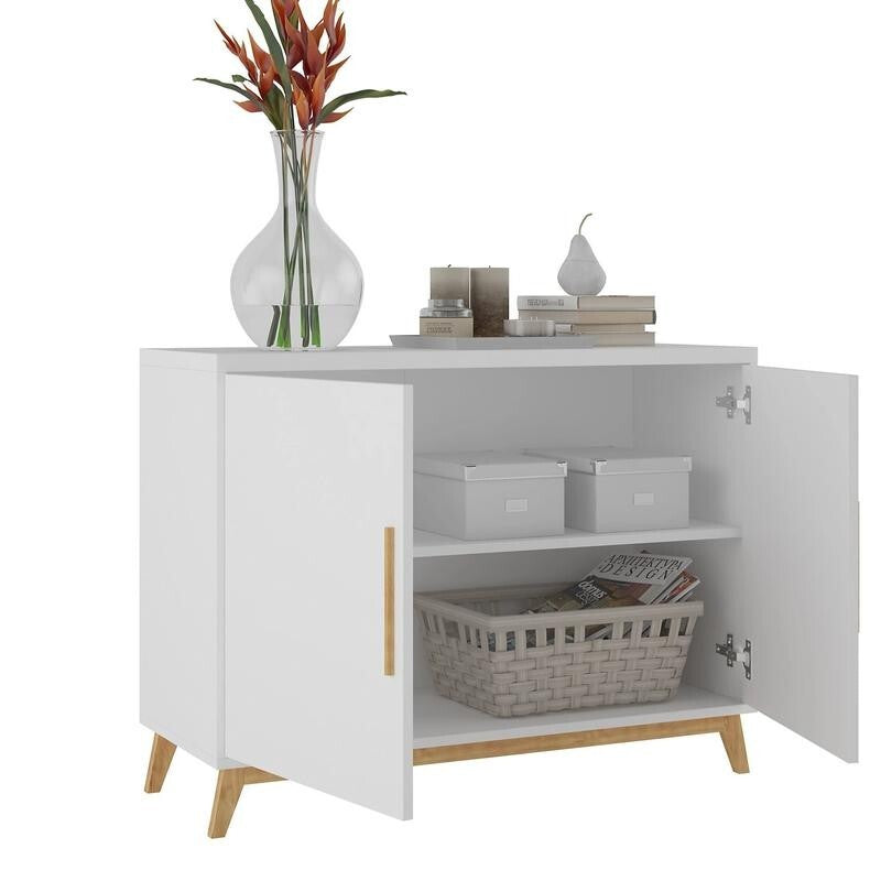 White Sideboard Cabinet with Storage, Wooden Legs, Modern Hall Unit