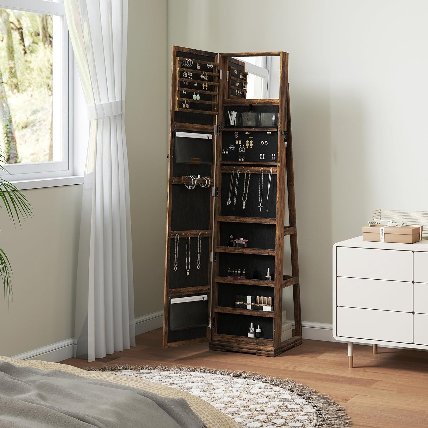 Rotating Jewelry Cabinet Full Length Mirror Lockable Freestanding Storage