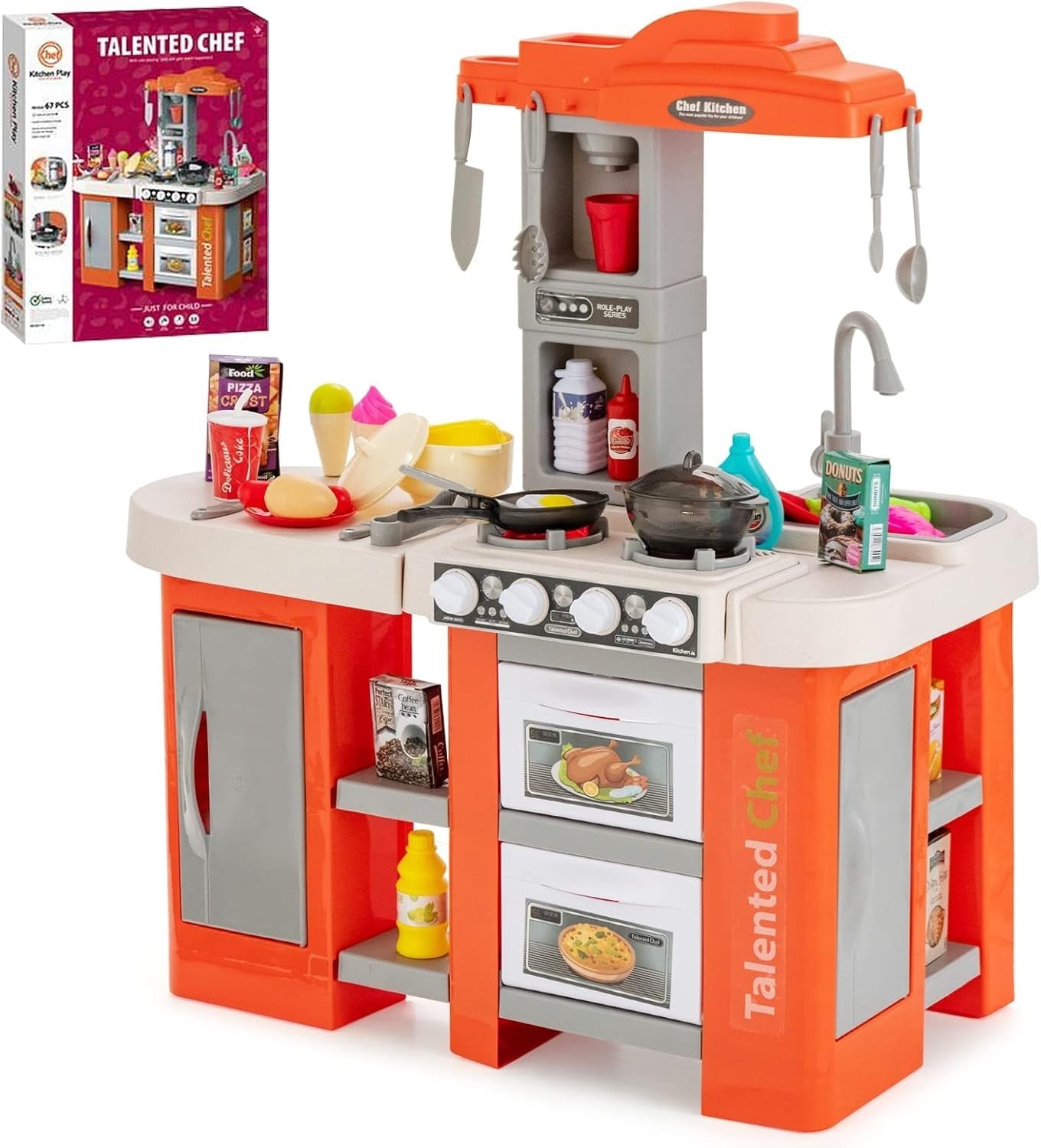 Kids Kitchen Playset w/ 67PCS Lights Sounds Steam Sink Orange