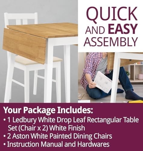 Small Drop Leaf Dining Table with 2 Chairs White & Oak Foldable Set