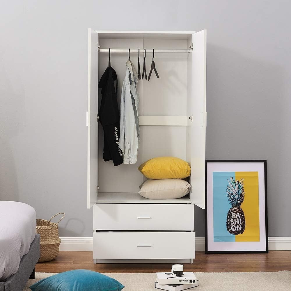 White 2 Door Wardrobe with 2 Drawers & Hanging Rail Durable Bedroom Closet