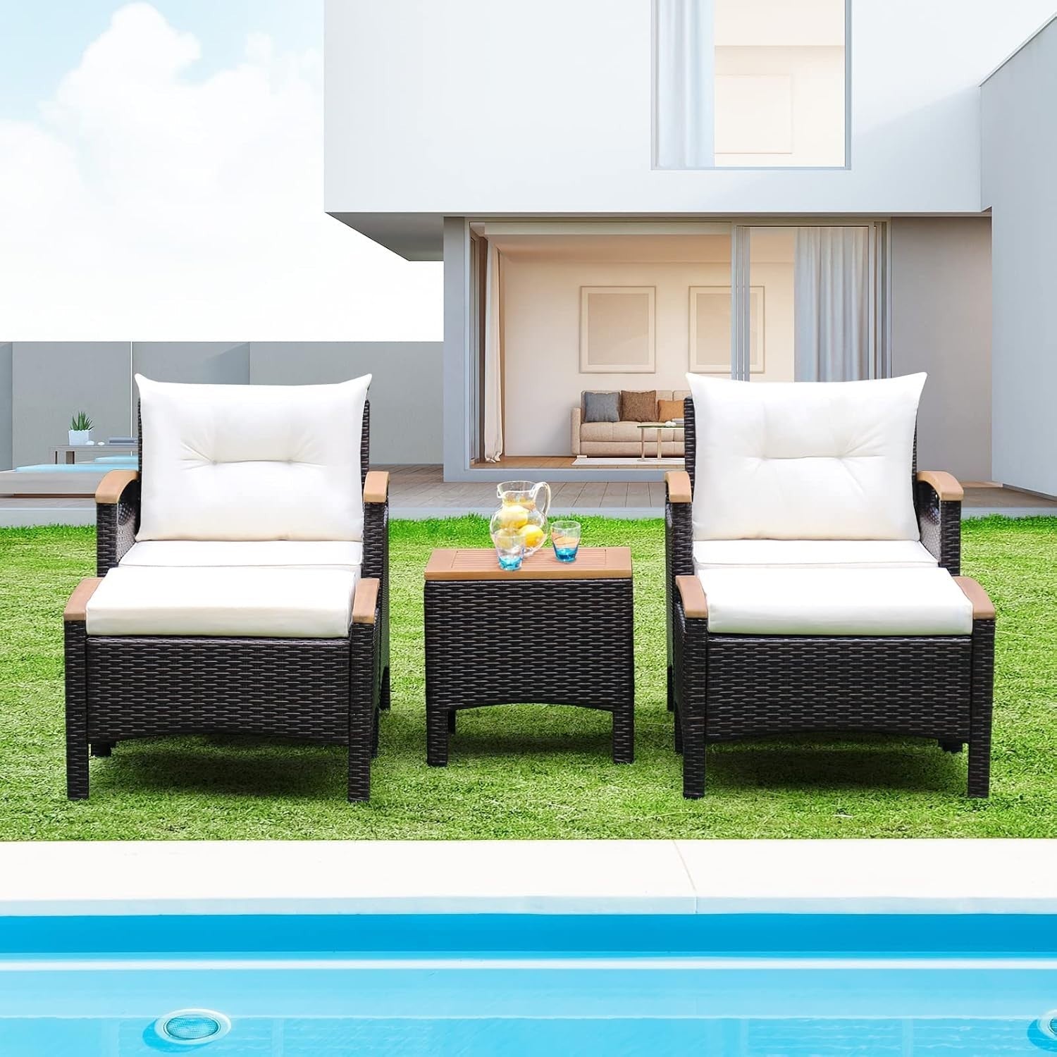 5-Piece Rattan Patio Lounge Set Reclining Chairs Ottomans Acacia Table