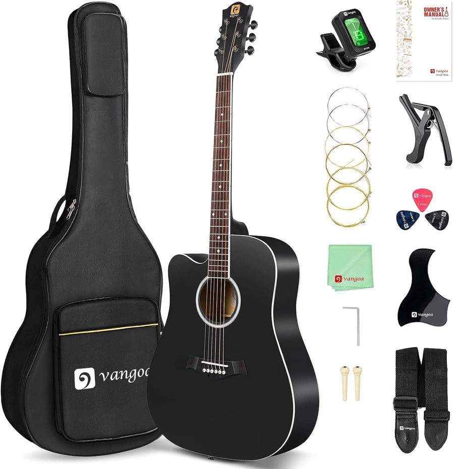 Left Handed Acoustic Guitar 4/4 Full Size Beginner Kit Black