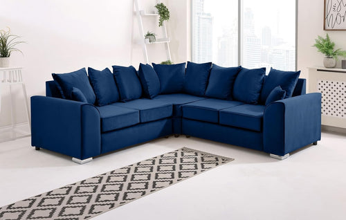 Blue Plush Velvet 5 Seater Corner Sofa – Scatterback Foam Cushions & Chrome Feet