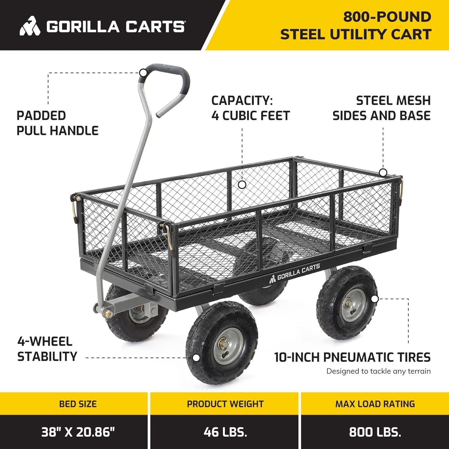 800lb 4-Wheel Garden Utility Cart – Black – Removable Sides Pneumatic Tyres