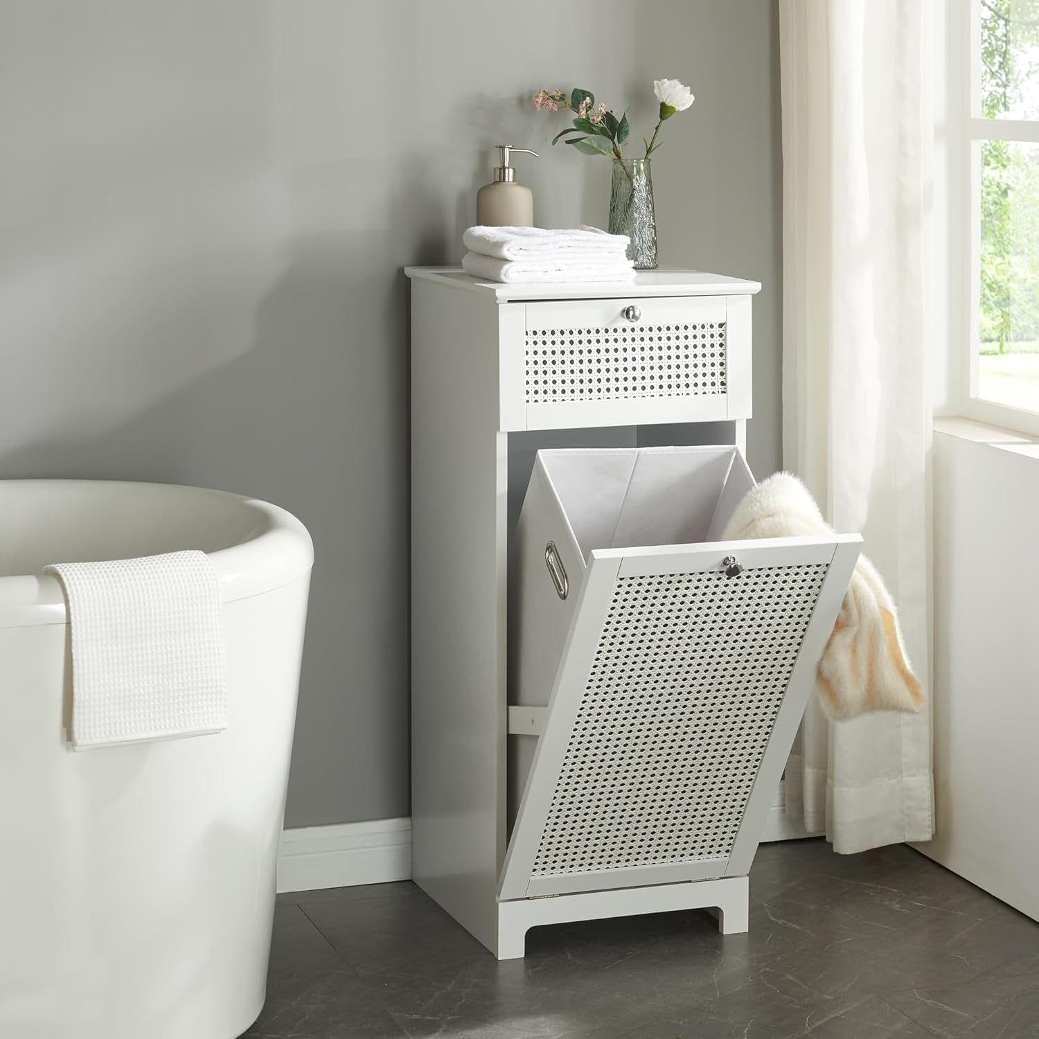 Laundry Cabinet With Fold Out Basket Slim Bathroom Storage Unit White Rattan
