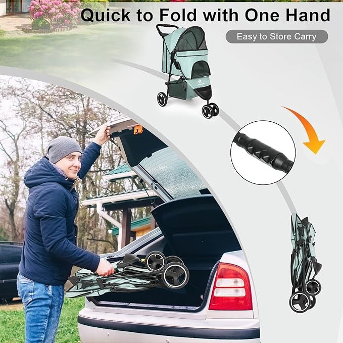 Pet Stroller 3 Wheel Folding Dog Cat Buggy with Storage Basket Travel Pram