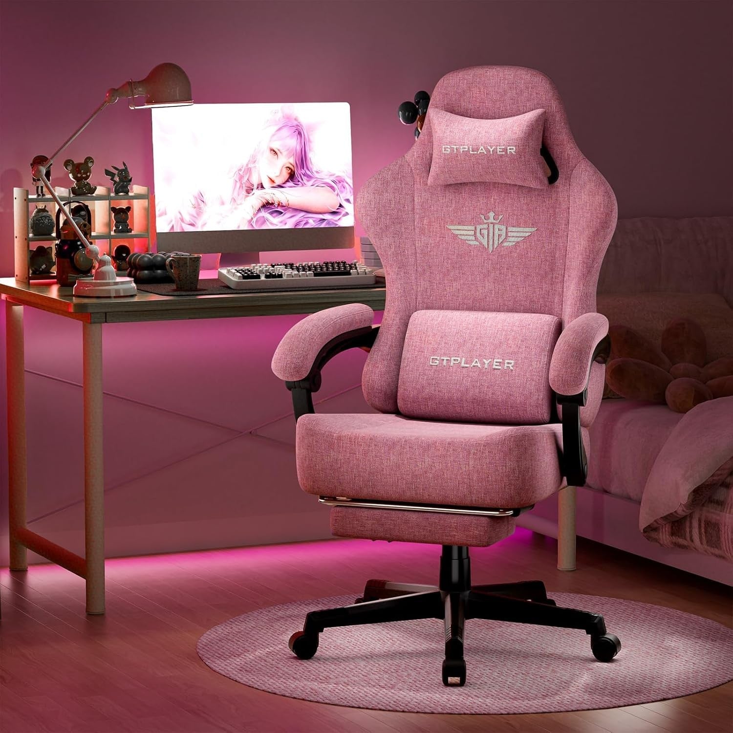 Pink Gaming Chair Ergonomic Office Seat w/ Footrest Lumbar Support