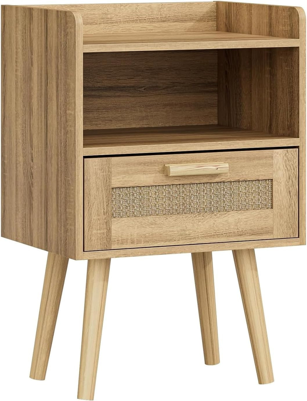 Rattan Bedside Table with Drawer & Shelf – Natural Wood Accent Nightstand