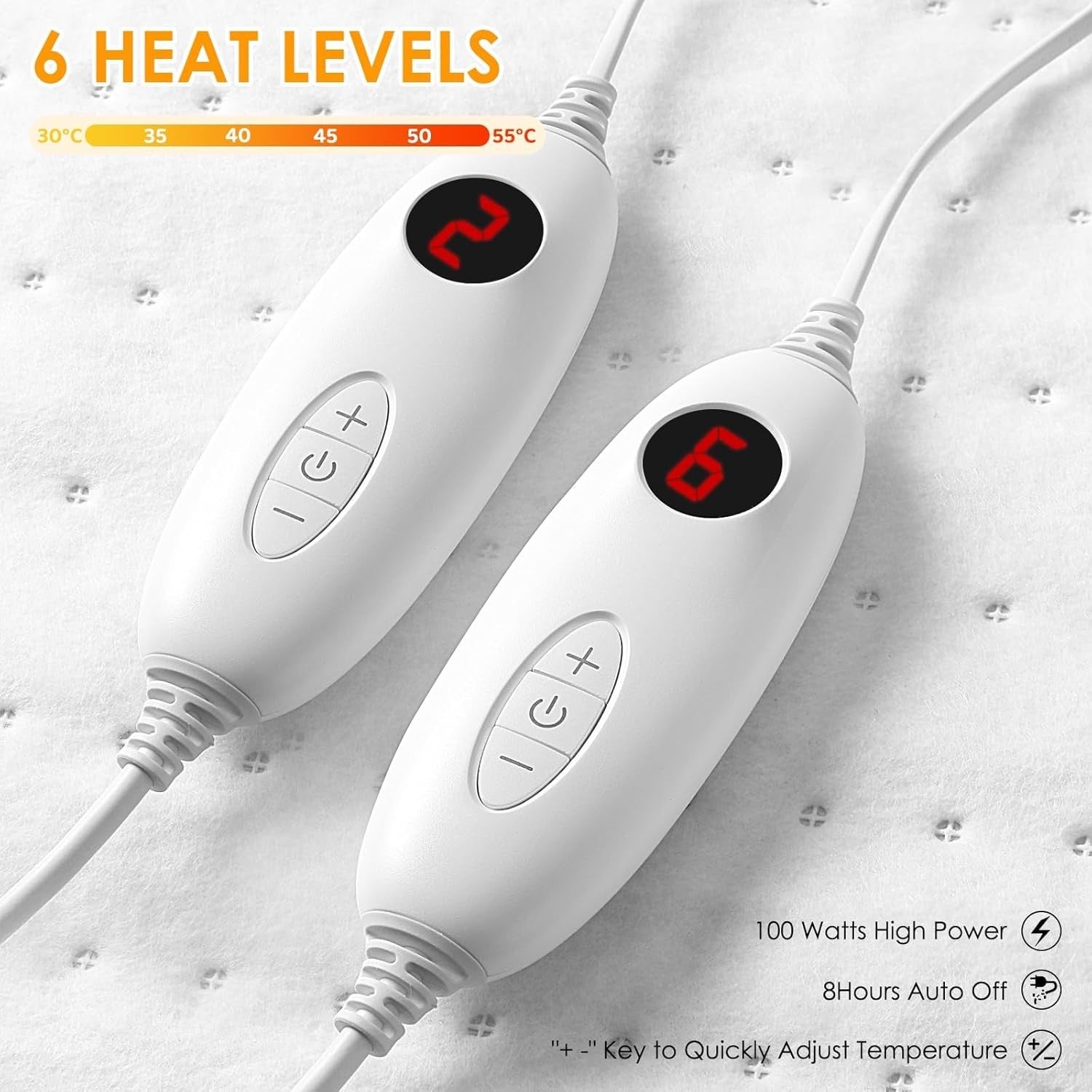 Electric Heated Underblanket  190x140cm Dual Control 6 Heat White
