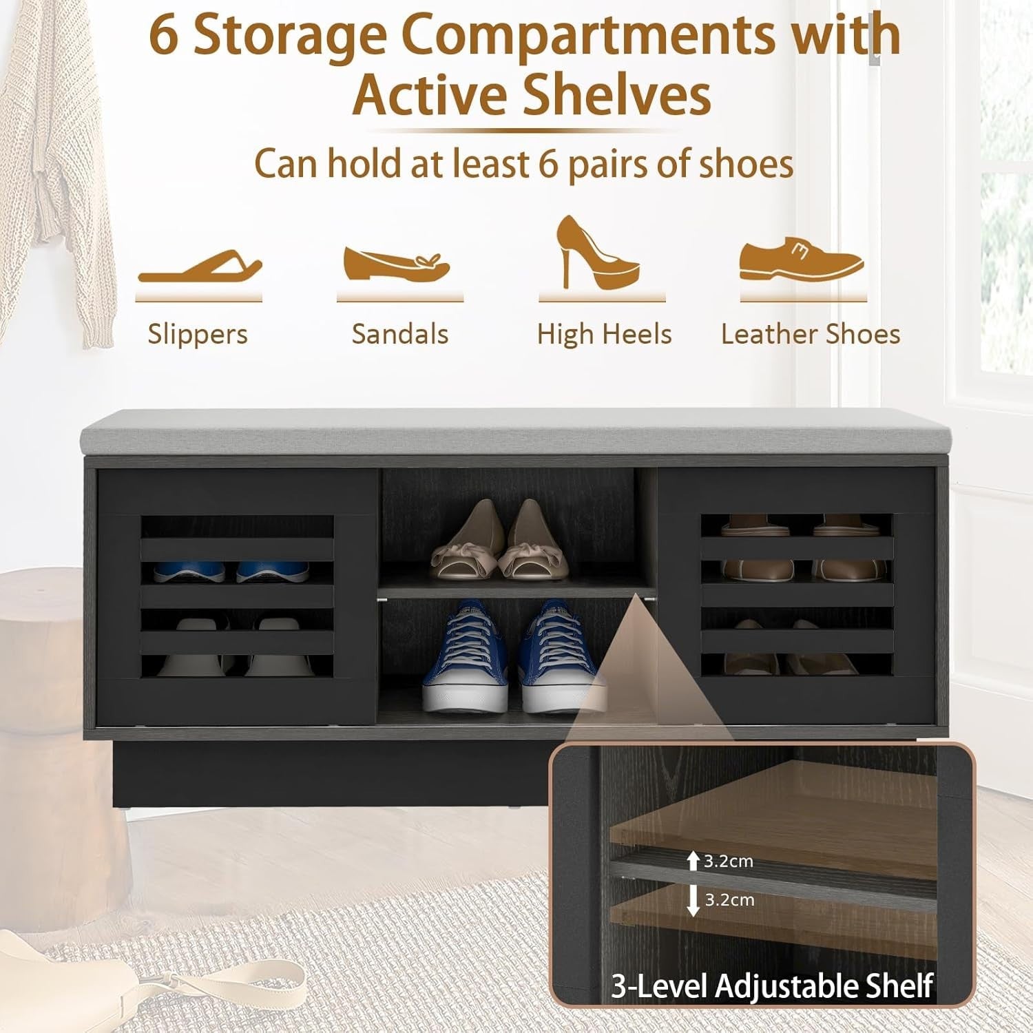 2-Tier Shoe Storage Bench Grey + Dark Grey, 6 Compartments & Sliding Doors