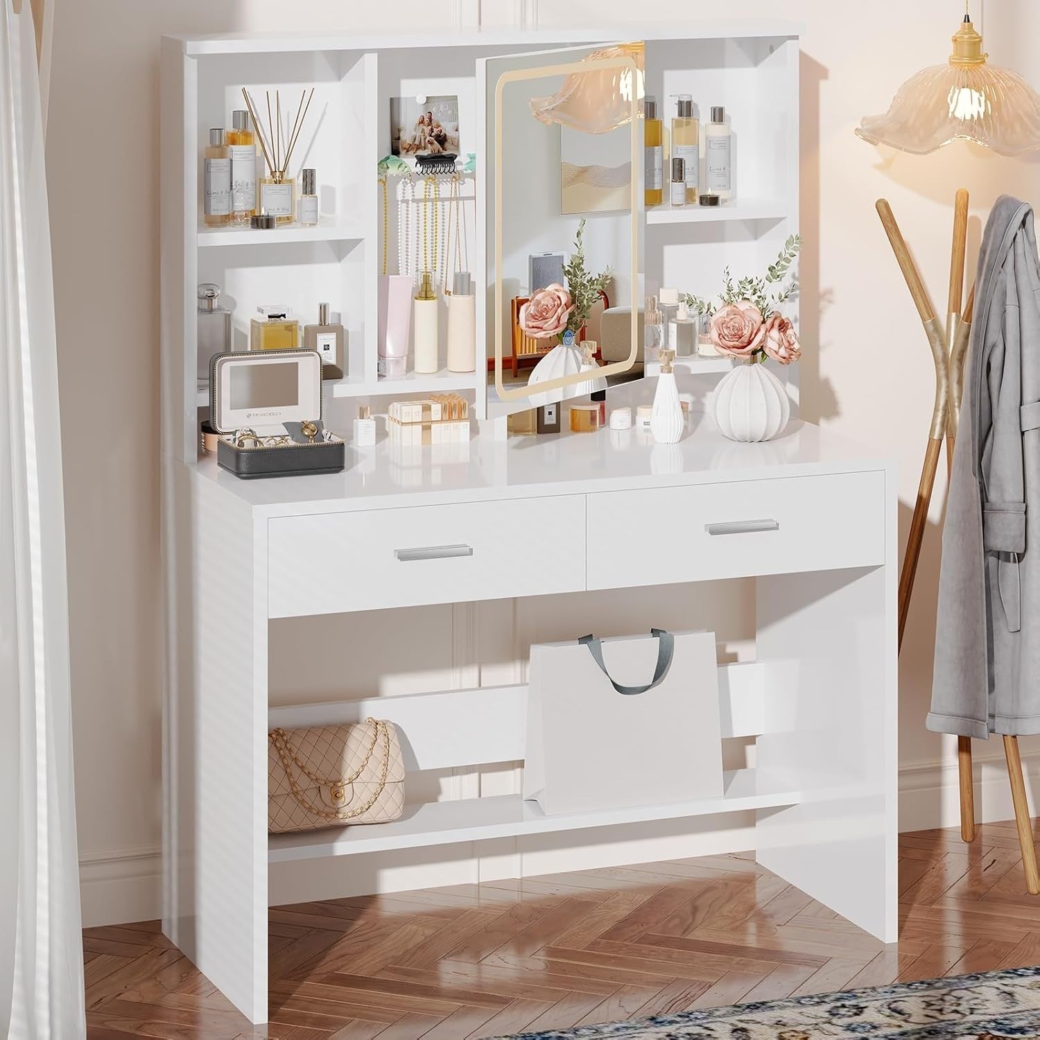White Vanity Dressing Table with LED Mirror 3-Colour Lights Storage Drawers