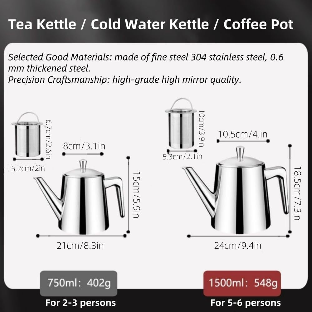 Stainless Steel Teapot 750ml Tea Coffee Pot Removable Filter Induction