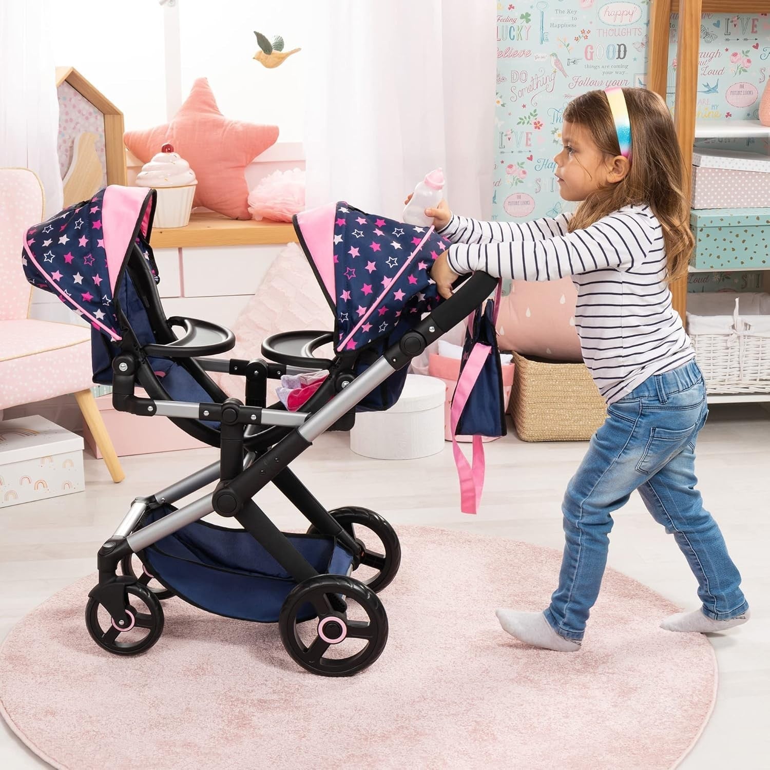 Twin Dolls Pram Double Pushchair Adjustable Handle Reversible Seats