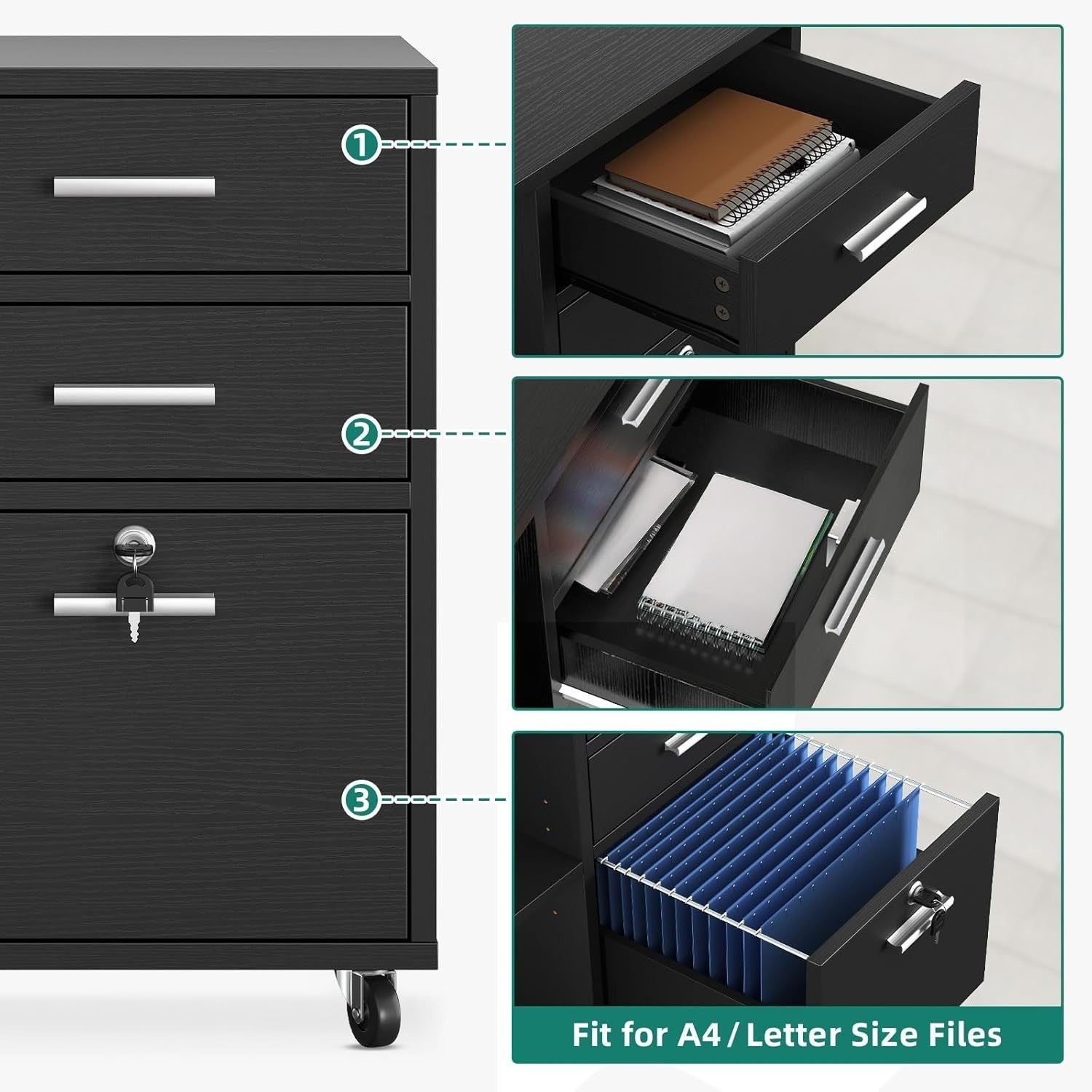 Black Rolling File Cabinet 80x40x65cm 3 Drawer Printer Stand