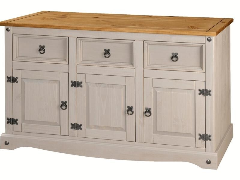 Solid Pine Sideboard Cabinet Grey 3 Door 3 Drawer Storage Cupboard Unit