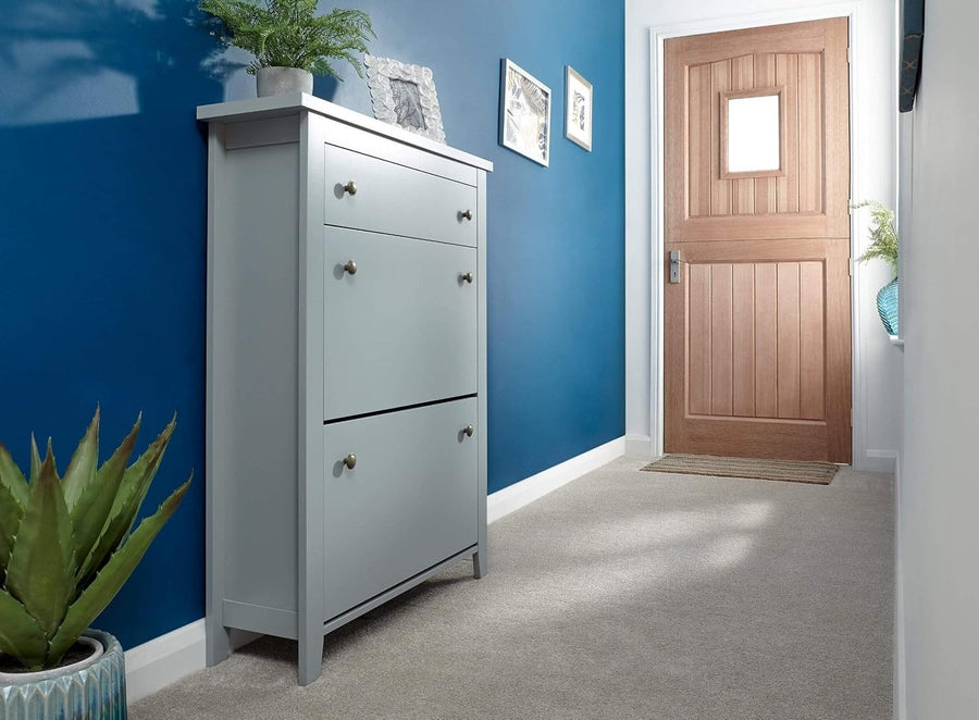 Slim Grey Wooden Shoe Cabinet with 2 Doors & Drawer 80x25x108 cm