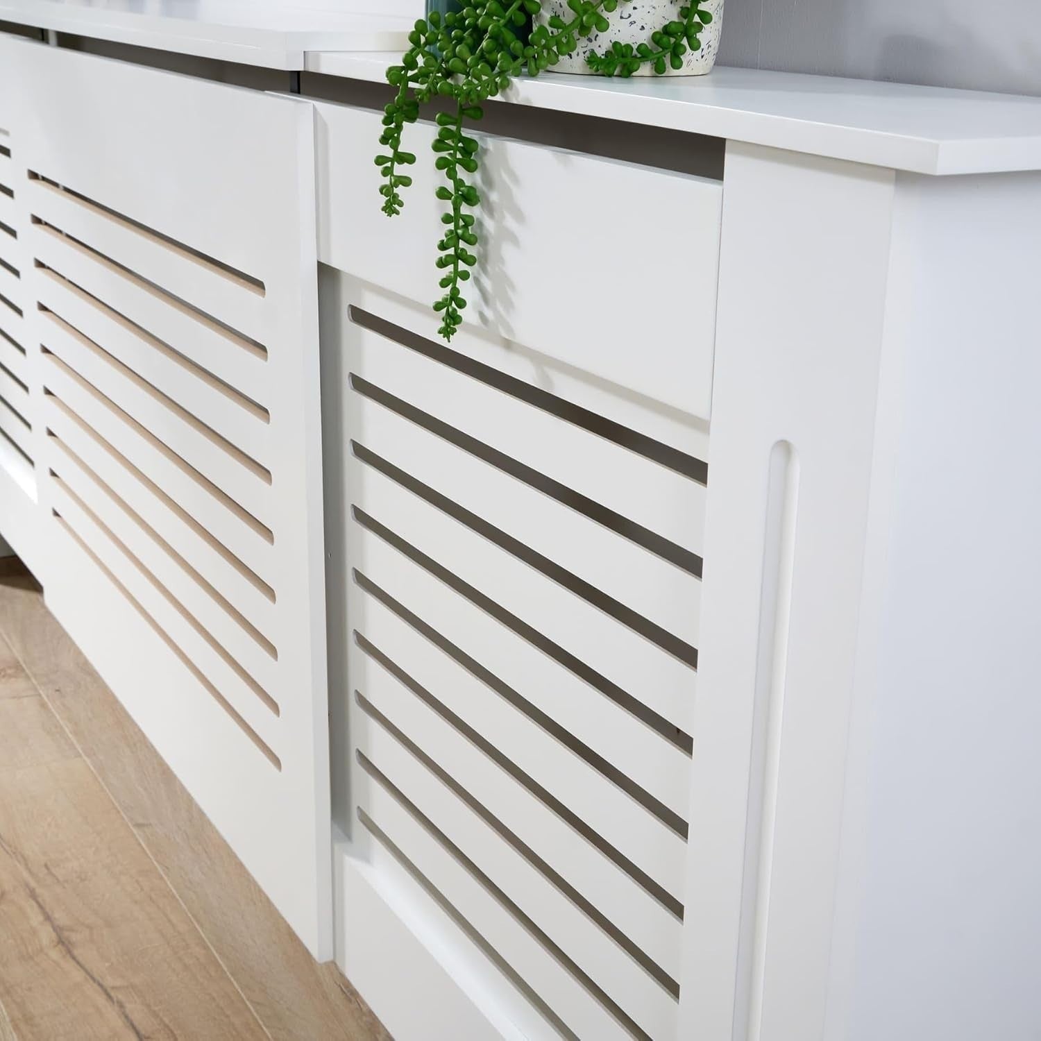 Adjustable White Radiator Cover Wooden Slatted Grill Cabinet 203x22x82cm