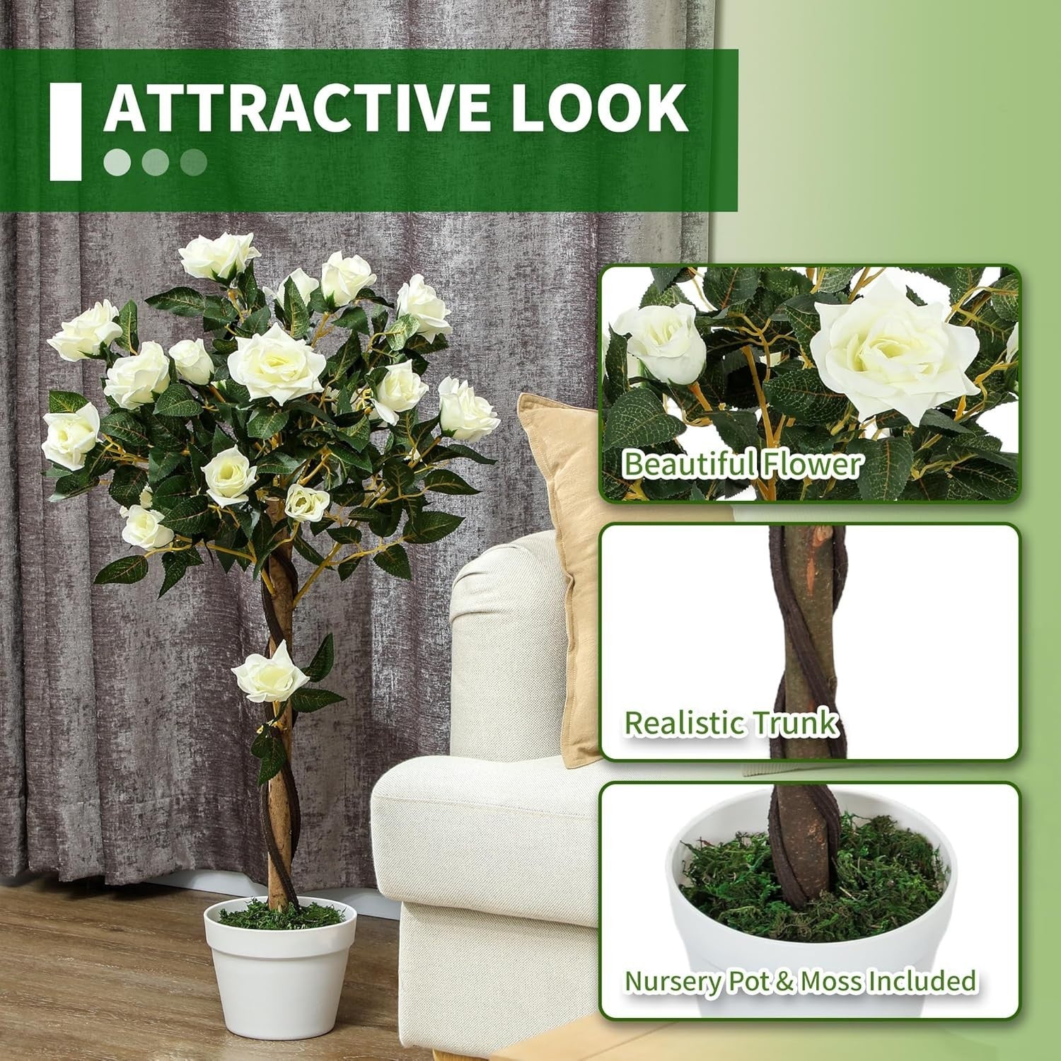 Set of 2 Artificial Rose Trees 90cm White Faux Flower Plants Home Garden Decor