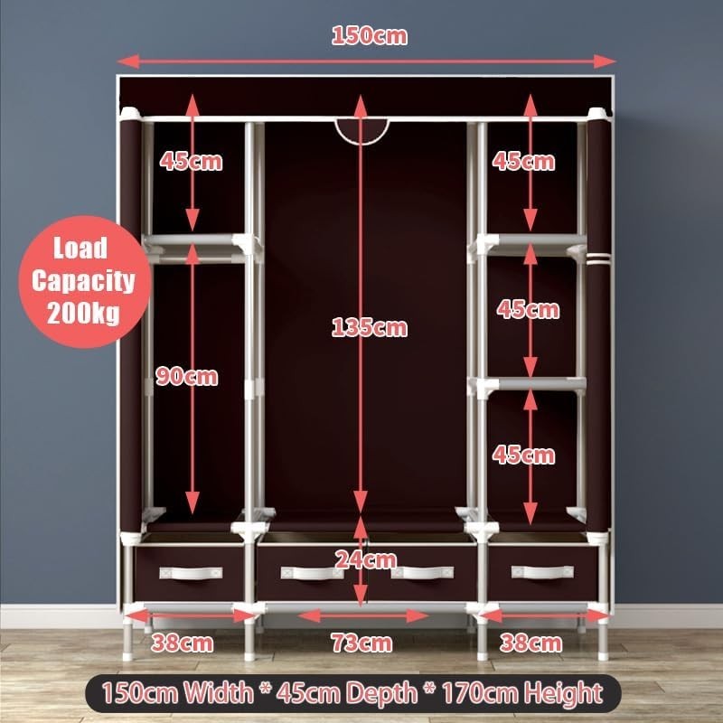 Large Canvas Wardrobe with Drawers Hanging Rail Shelves Dustproof 150cm