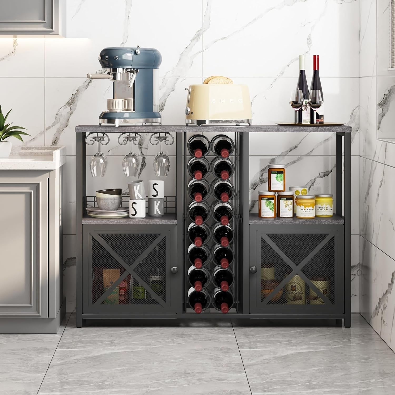 Rustic Home Bar Cabinet with Wine Rack & Glass Holder, Liquor Sideboard Storage