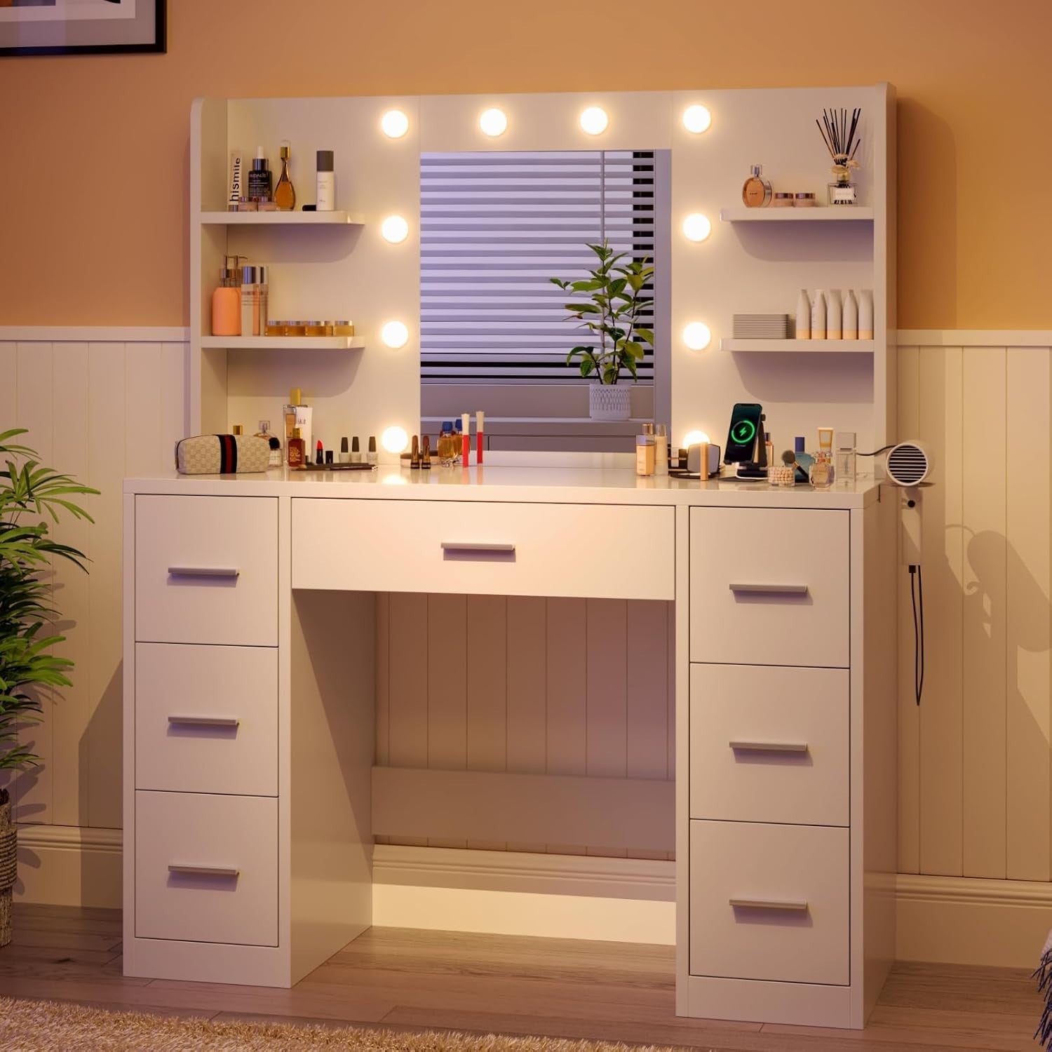 White Dressing Table Vanity Makeup Desk 7 Drawers LED Lights Mirror Power Outlet