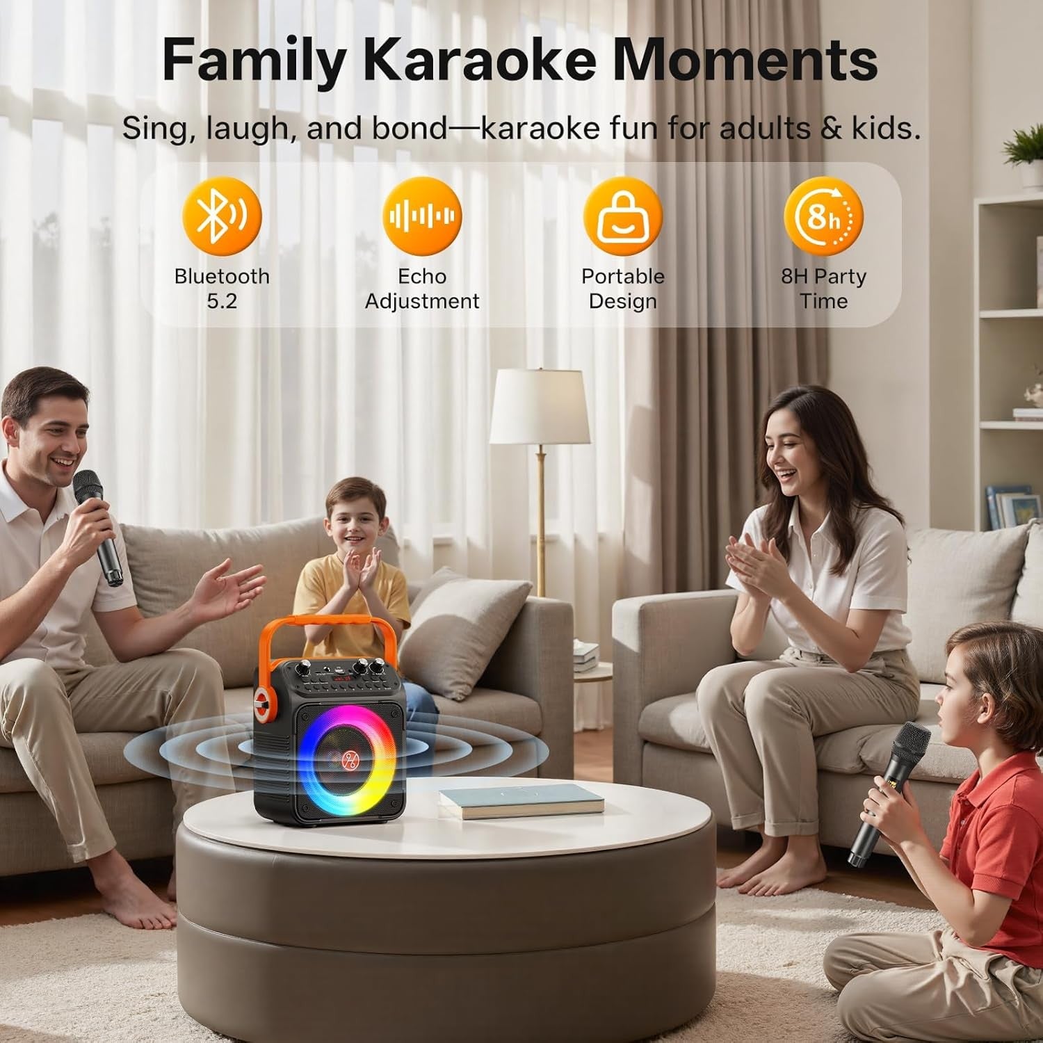 Bluetooth Karaoke Machine 2 Mics PA Speaker LED Lights REC