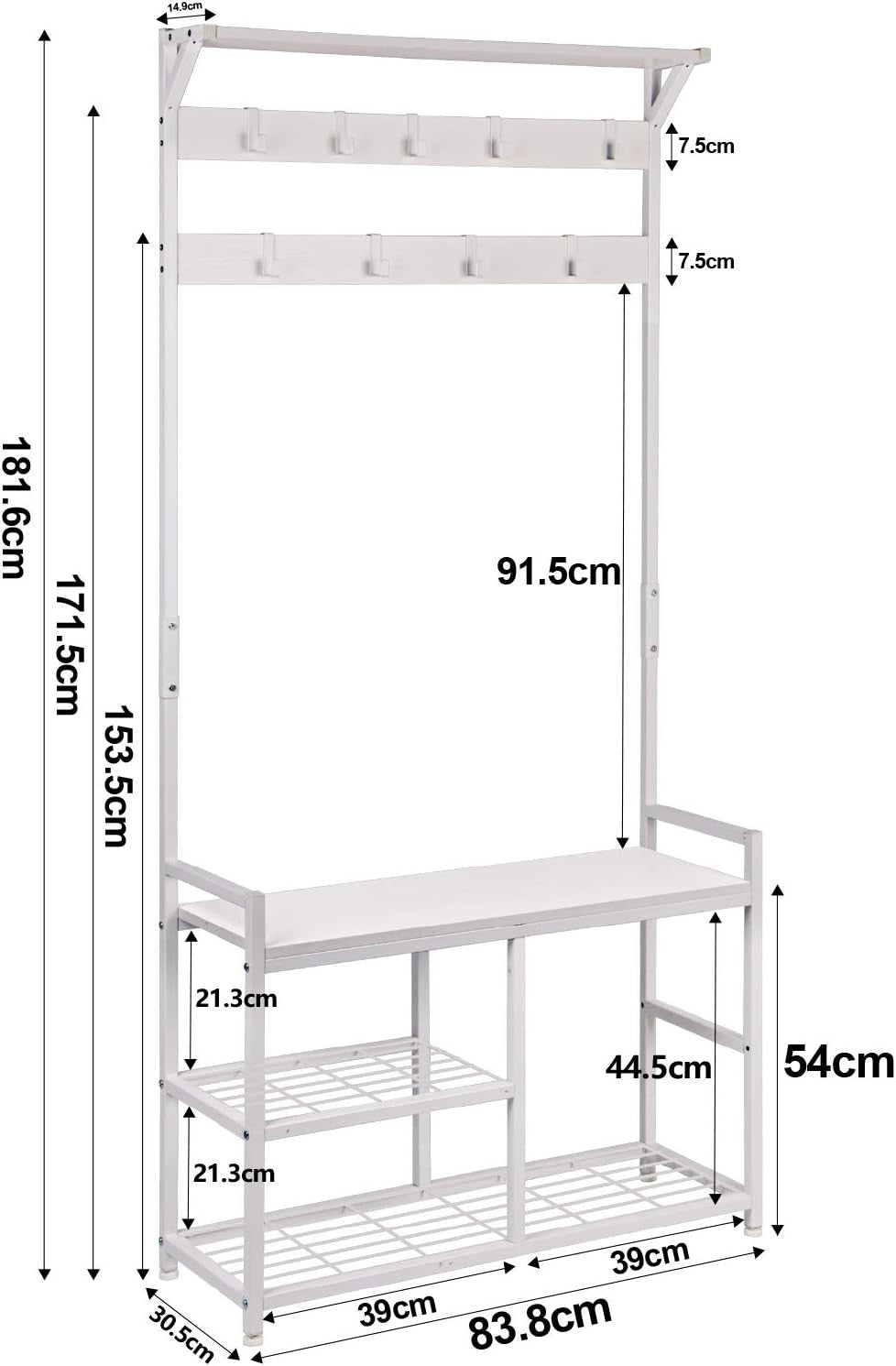 White Industrial Coat Rack with Shoe Bench | 9 Hooks Metal Frame Hall Tree