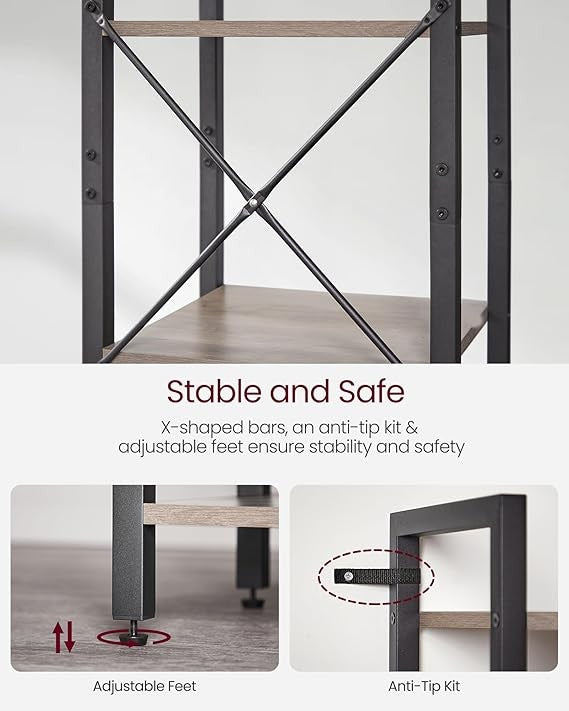 6-Tier Industrial Bookshelf Slim Greige Metal Wood Tall Storage Unit