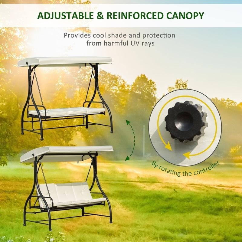 3 Seater Garden Swing Chair with Canopy & Cushions – Beige/Black Hammock