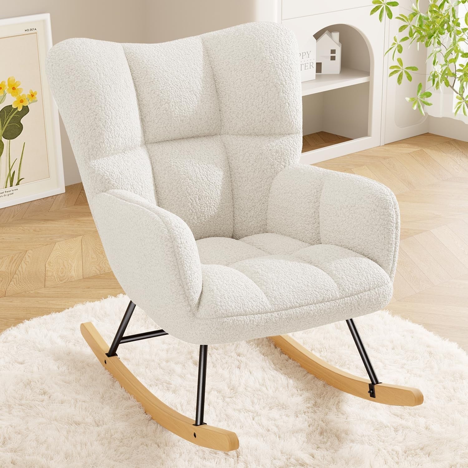 Ivory Rocking Chair Tufted Lambswool Armchair Nursery Lounge Seat