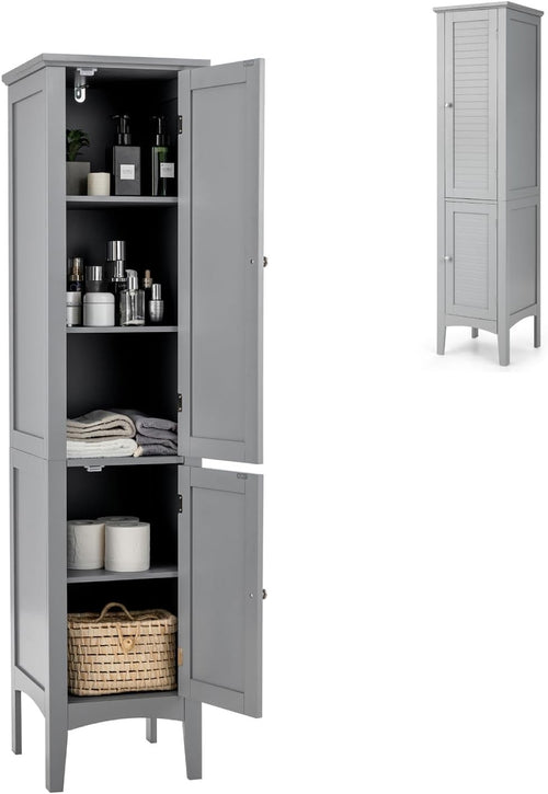 Grey Tall Bathroom Cabinet with 5 Shelves & 2 Doors Slim Storage Unit