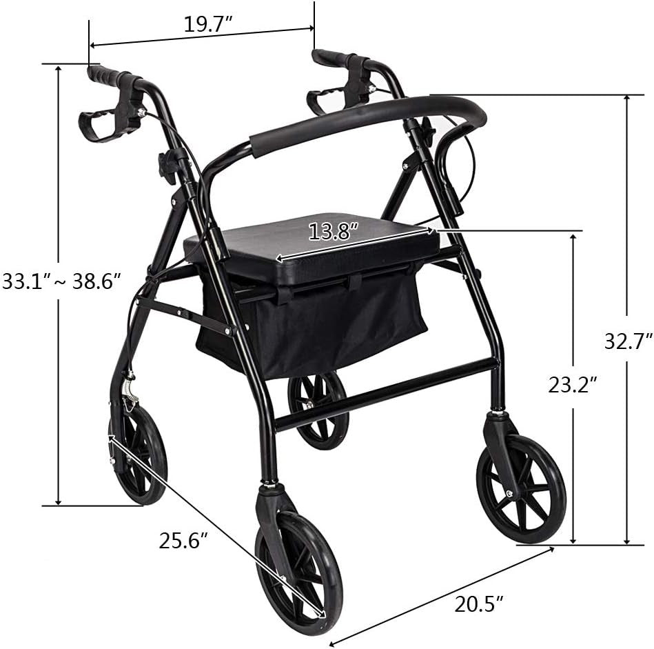 4 Wheel Rollator Walker with Seat Backrest Folding 8 Inch Wheels Lightweight